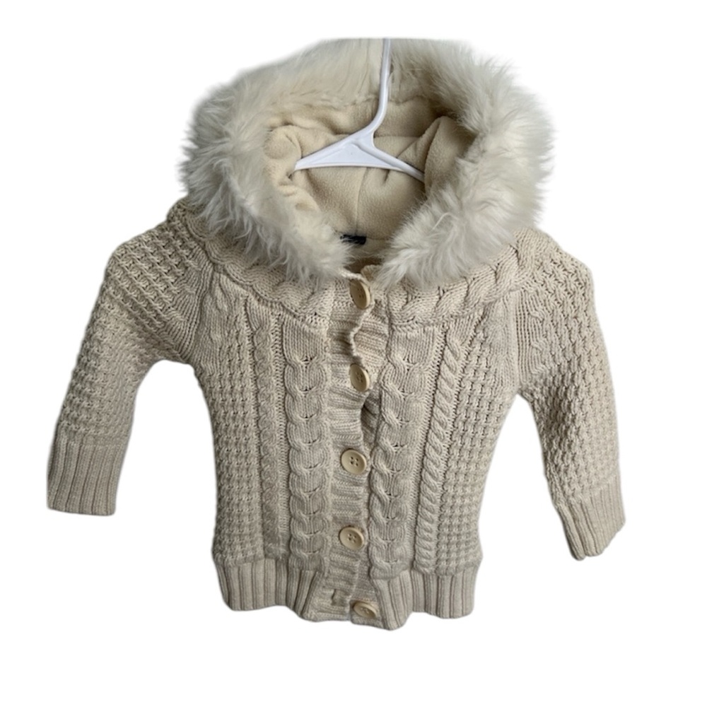 Baby Gap Hooded Faux Fur Fleece Lined Cardigan Sweater Sz 2Y